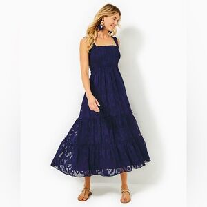 Lilly Pulitzer Hadly Smocked Maxi Dress True Navy Poly Swirl Clip Small